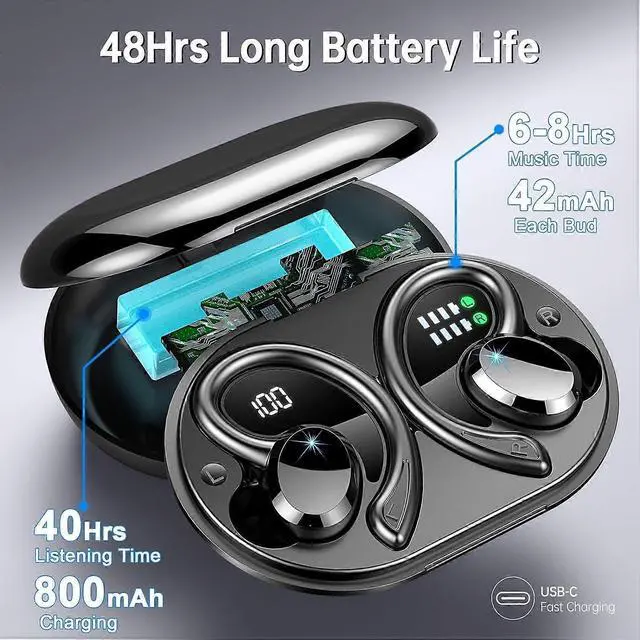 Alt view image 4 of 5 - Bluetooth 5.3 Sports Earphones, 48H Playback, IP7 Waterproof, Noise Cancelling Mic for Running/Exercise (Black)