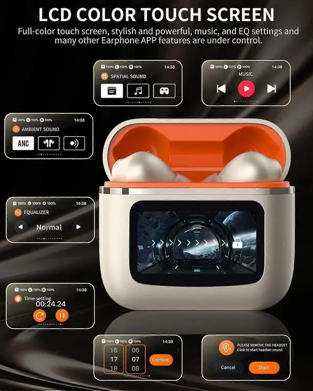 Alt view image 2 of 5 - Bluetooth 5.3 Earbuds with LCD Touch Screen, ANC, 40H Playtime, IPX5 Waterproof (Silver)