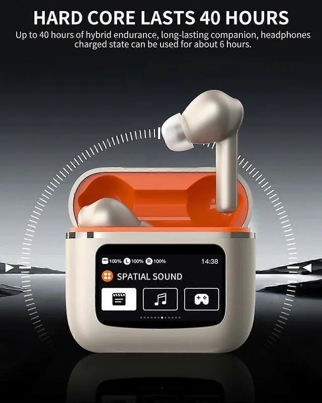 Alt view image 5 of 5 - Bluetooth 5.3 Earbuds with LCD Touch Screen, ANC, 40H Playtime, IPX5 Waterproof (Silver)