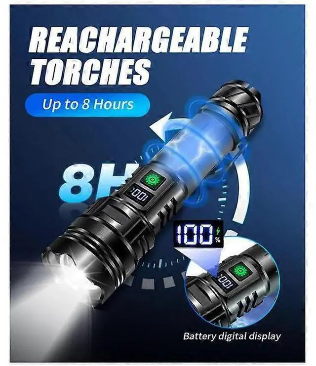 Alt view image 3 of 5 - Ecocleanpath 10000 Lumen Rechargeable LED Torch, USB Tactical Flashlight, 5 Modes Zoomable, IP65 Waterproof (Black)