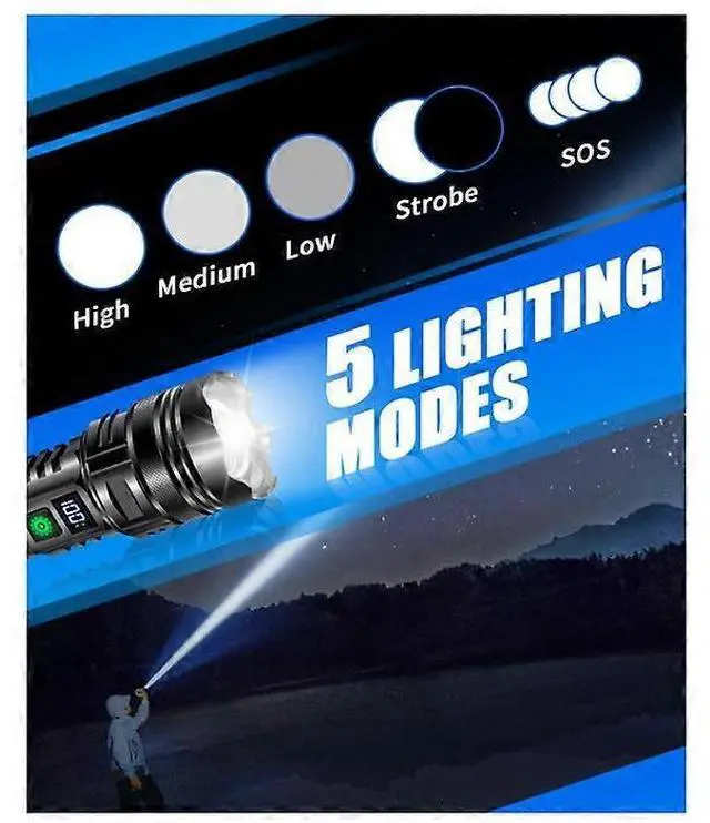 Alt view image 4 of 5 - Ecocleanpath 10000 Lumen Rechargeable LED Torch, USB Tactical Flashlight, 5 Modes Zoomable, IP65 Waterproof (Black)