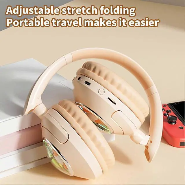 Alt view image 3 of 5 - Bluetooth 5.3 Headset with RGB Lighting & Active Noise Cancelling, HiFi Sound (Beige)