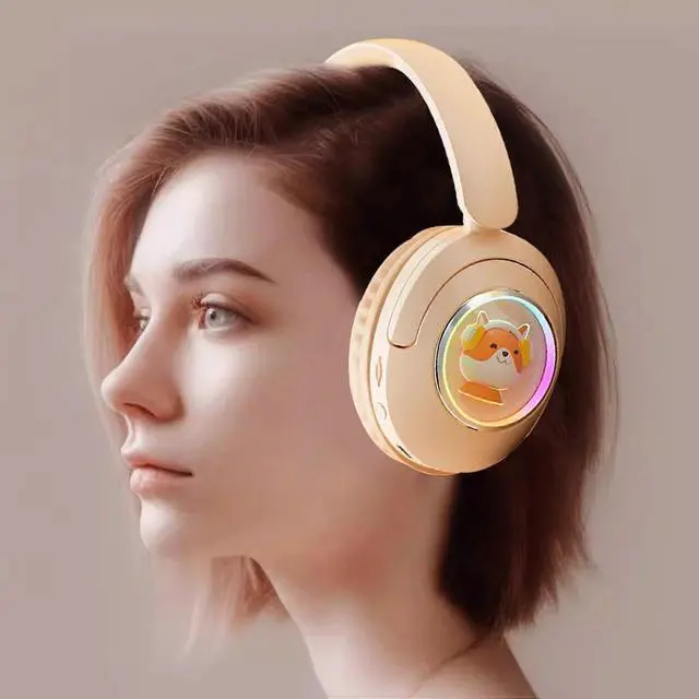 Alt view image 4 of 5 - Bluetooth 5.3 Headset with RGB Lighting & Active Noise Cancelling, HiFi Sound (Beige)