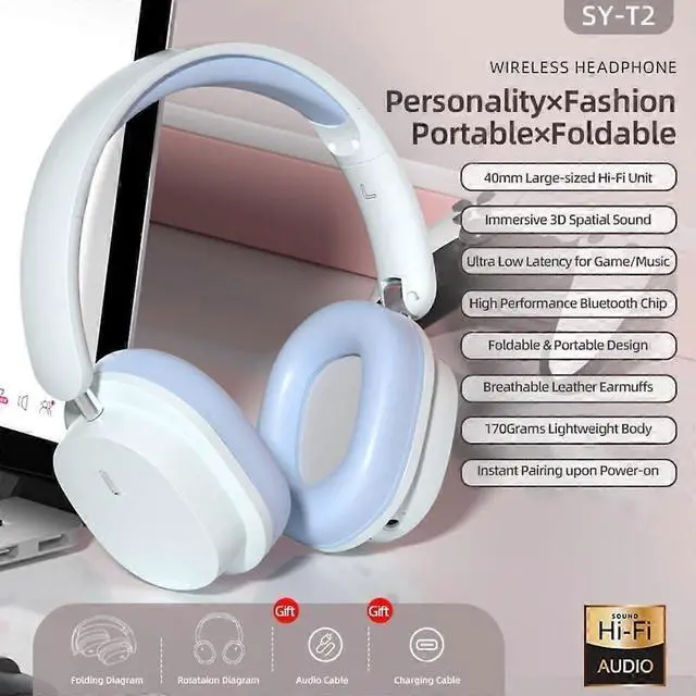 Alt view image 2 of 5 - Wireless Bluetooth Headphones with ENC Noise Cancelling, HiFi Stereo, Foldable, 20H Playtime (Blue)