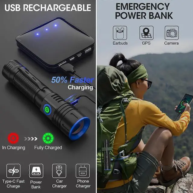 Alt view image 5 of 5 - Ecocleanpath 20000 Lumens Rechargeable LED Flashlight, 1500m Magnetic Zoomable Waterproof Light for Emergency & Outdoor