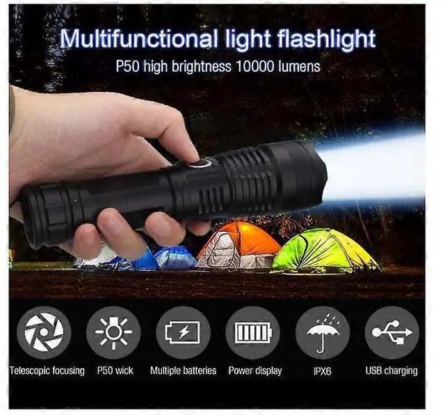 Alt view image 3 of 5 - Ecocleanpath 10000 Lumen Rechargeable Tactical Flashlight, XHP50 LED Zoomable IP67 Waterproof Black