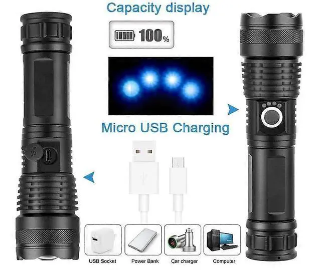 Alt view image 4 of 5 - Ecocleanpath 10000 Lumen Rechargeable Tactical Flashlight, XHP50 LED Zoomable IP67 Waterproof Black