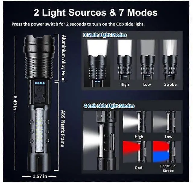 Alt view image 3 of 5 - Ecocleanpath Rechargeable High Lumens Flashlight 2-Pack, 7 Modes, USB-C, IPX6 Waterproof, Zoomable Tactical Light (Black)