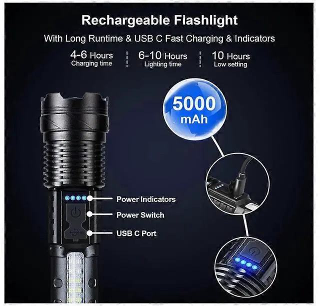 Alt view image 4 of 5 - Ecocleanpath Rechargeable High Lumens Flashlight 2-Pack, 7 Modes, USB-C, IPX6 Waterproof, Zoomable Tactical Light (Black)