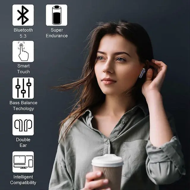 Alt view image 2 of 5 - Wireless Earbuds Bluetooth 5.3, Deep Bass Noise Cancelling, LED Power Display, IP7 Waterproof (White)