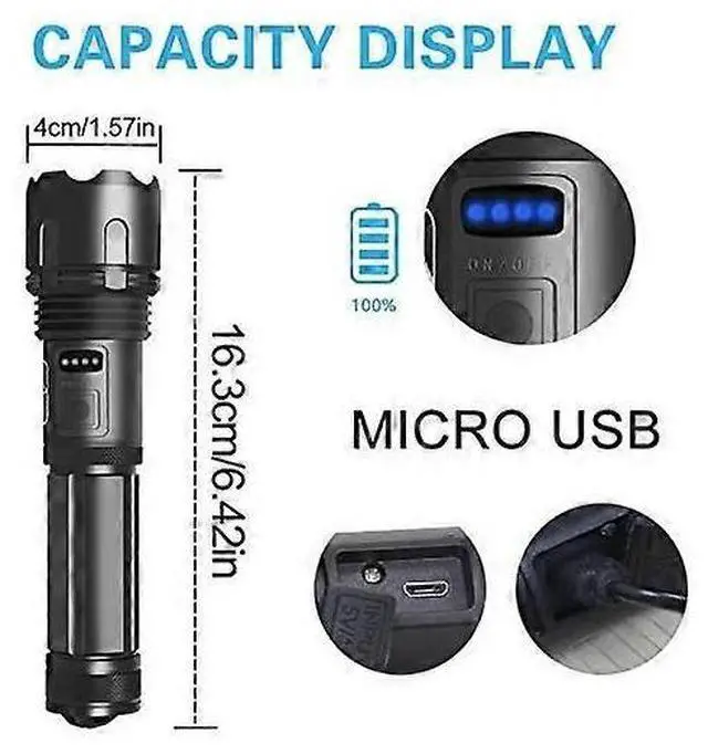 Alt view image 3 of 5 - Ecocleanpath Super Bright 10000 Lumen Rechargeable LED Tactical Flashlight, USB Zoomable & IPX4 Water-Resistant (Black)