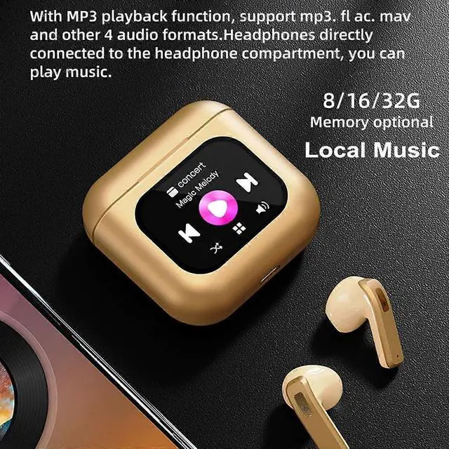 Alt view image 4 of 5 - Gold Bluetooth 5.2 Earbuds with 2.01" Touch Screen Case, 8G MP3 Storage & Noise Cancelling