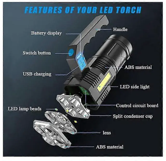 Alt view image 2 of 5 - Ecocleanpath Rechargeable LED Flashlight, 500m Spotlight, 4 Modes, Waterproof Work Light, Black