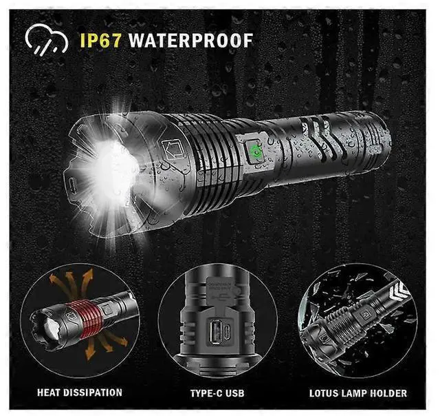 Alt view image 4 of 5 - Ecocleanpath 100,000 Lumen Super Bright Flashlight, USB Rechargeable, Zoomable & Waterproof for Camping & Emergencies (Black)