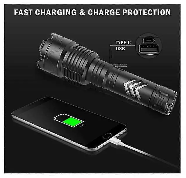 Alt view image 5 of 5 - Ecocleanpath 100,000 Lumen Super Bright Flashlight, USB Rechargeable, Zoomable & Waterproof for Camping & Emergencies (Black)