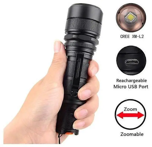 Alt view image 3 of 5 - Ecocleanpath XM-L2 U3 LED Flashlight, USB Rechargeable Zoomable Torch with Remote Switch & Nylon Jacket (Black)
