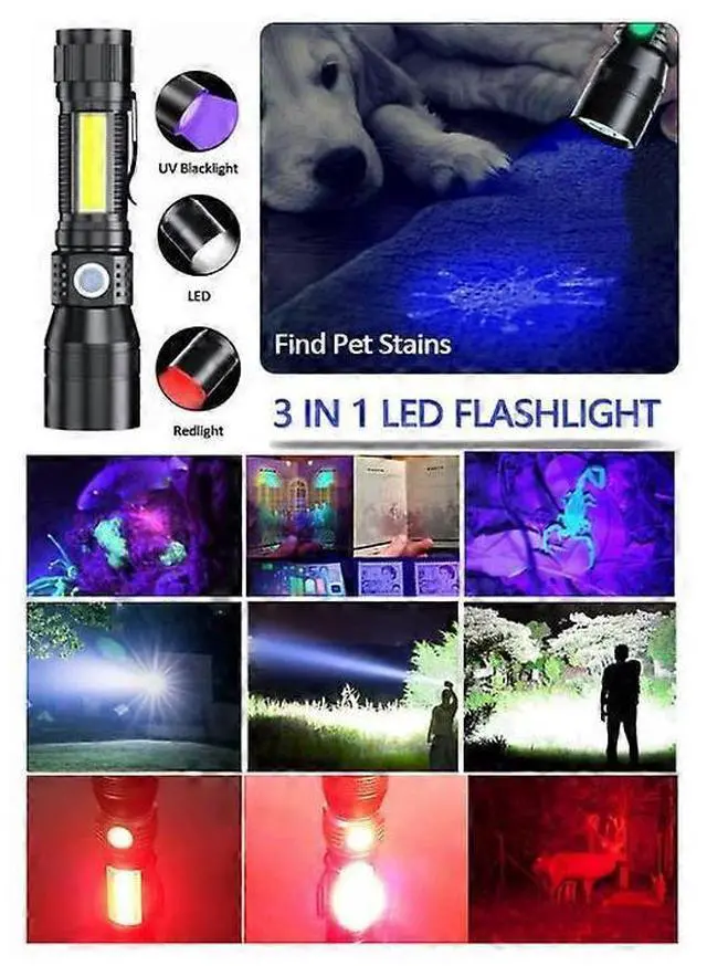 Alt view image 2 of 5 - Ecocleanpath 1200 Lumen UV LED Tactical Flashlight - Zoomable, Waterproof, 7 Modes for Pet Stain Detection & Camping