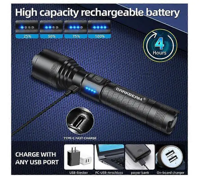 Alt view image 5 of 5 - Ecocleanpath 6000 Lumen USB-C Rechargeable Flashlight, Super Bright Pocket Torch with Focus & SOS Modes (Black)