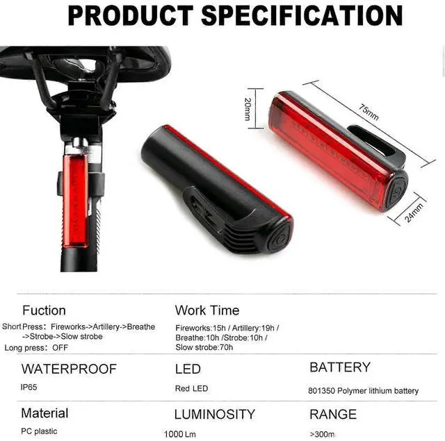 Alt view image 3 of 5 - EcocleanpathUSB Rechargeable LED Bike Tail Light, 70H Runtime, 5 Modes, IPX6 Waterproof, 300m Visibility for Night Cycling