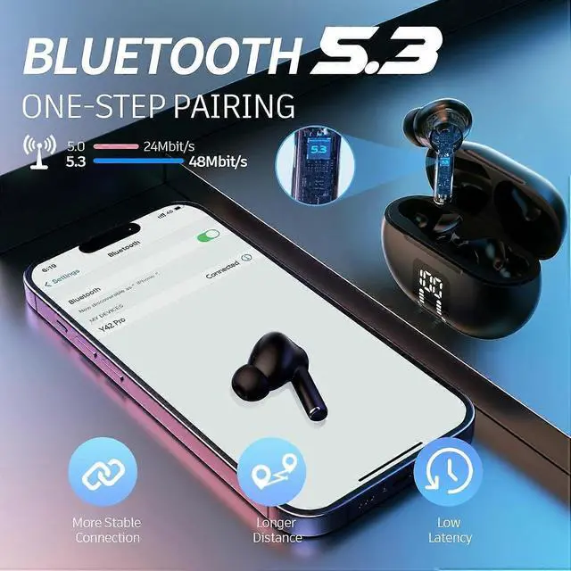 Alt view image 5 of 5 - Bluetooth 5.3 Wireless Earbuds, 40H Playtime LED Display, Bass Stereo with Mic for iPhone Android