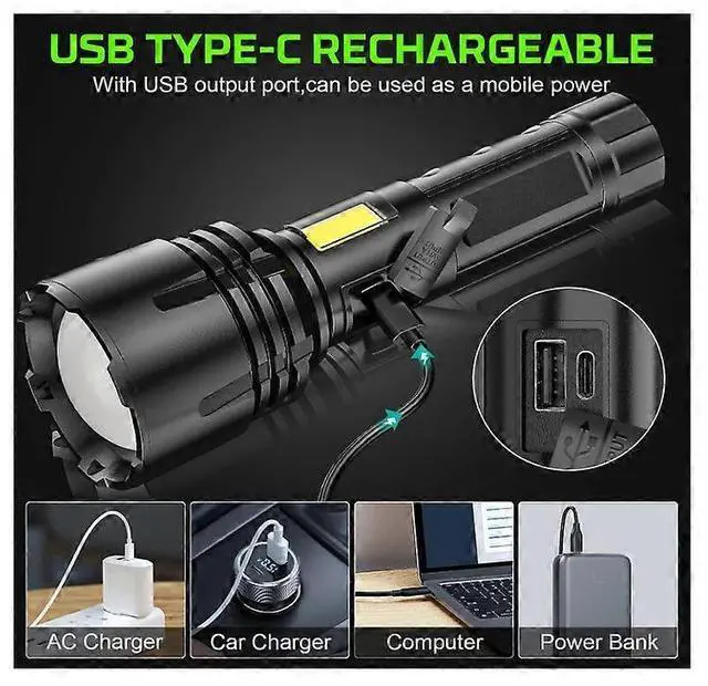 Alt view image 4 of 5 - Ecocleanpath XHP70 Super Bright Flashlight, 12000 Lumen Rechargeable, 7 Modes & Zoom, COB Light, Black