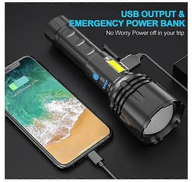 Alt view image 4 of 5 - Ecocleanpath 90000 Lumen Rechargeable Tactical Flashlight, XHP70.2 LED with COB Sidelight & Power Bank - Black