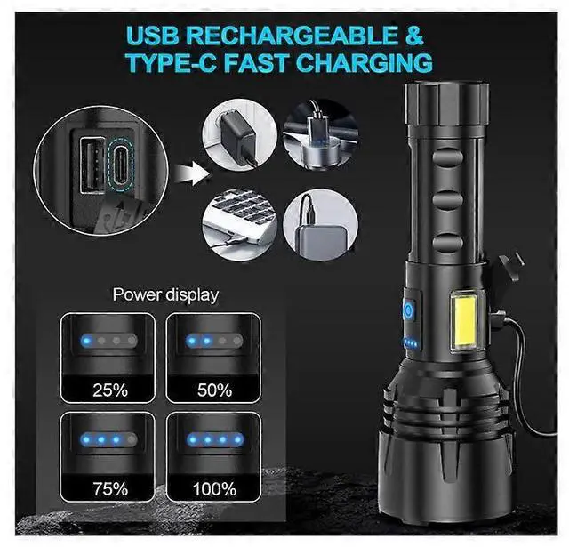Alt view image 3 of 5 - Ecocleanpath 90000 Lumen Rechargeable Tactical Flashlight, XHP70.2 LED with COB Sidelight & Power Bank - Black