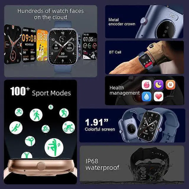 Alt view image 3 of 5 - Ecocleanpath IDW20 Smart Watch with Alexa Voice Assistant, 1.91" Fitness Tracker, IP68 Waterproof, Blue