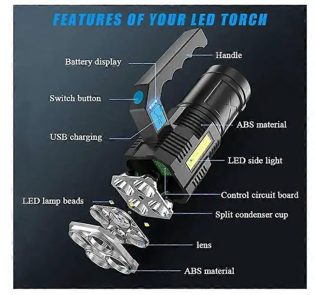 Alt view image 2 of 5 - Ecocleanpath Rechargeable LED Flashlight, 500m Spotlight, Waterproof COB Lantern with 4 Modes, Black