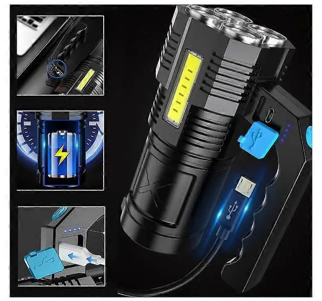 Alt view image 4 of 5 - Ecocleanpath Rechargeable LED Flashlight, 500m Spotlight, Waterproof COB Lantern with 4 Modes, Black