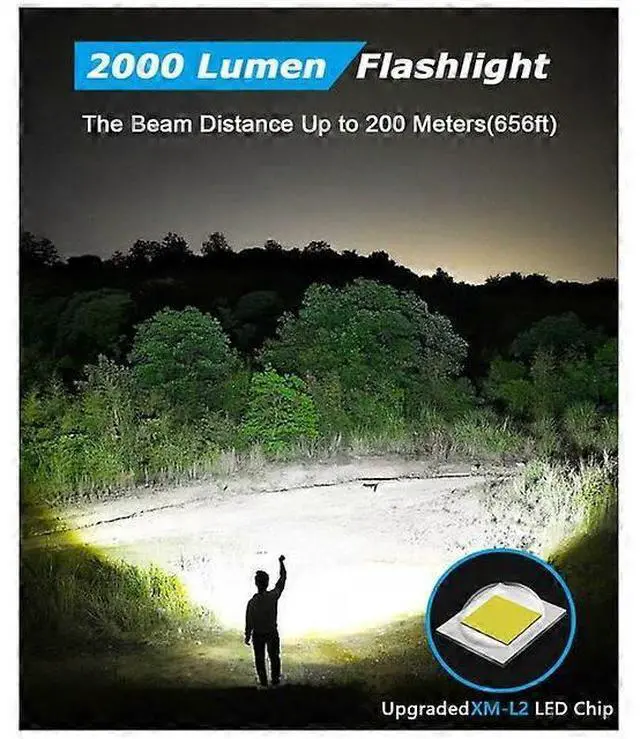 Alt view image 2 of 5 - Ecocleanpath 2000 Lumen Rechargeable LED Tactical Flashlight L2 - Zoomable, Waterproof, Super Bright Black Torch