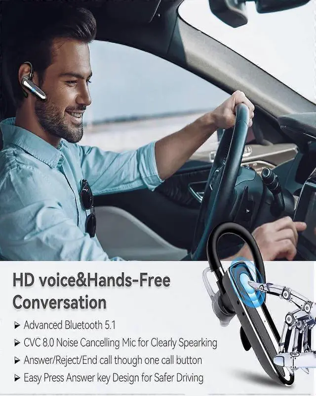 Alt view image 2 of 5 - Bluetooth 5.3 Earphones with Mic, 80H Playtime, USB-C Charging, Waterproof, Ideal for Truck Drivers, Black