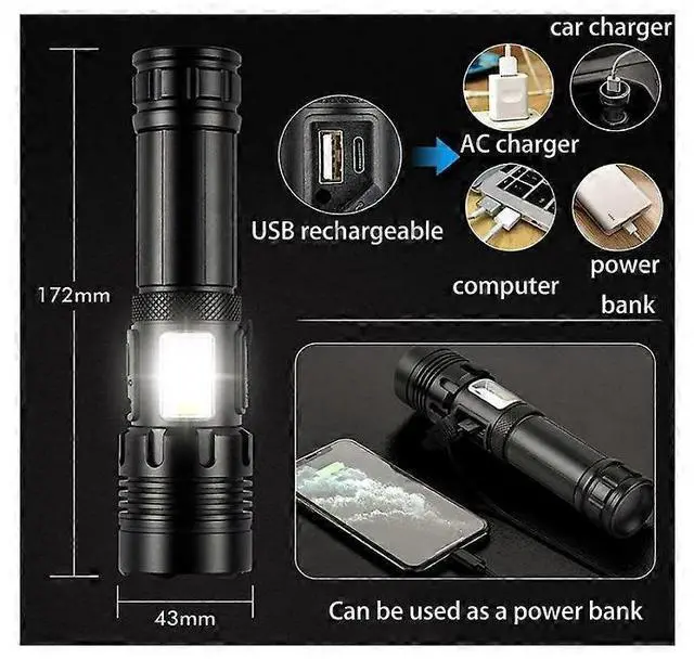 Alt view image 4 of 5 - Ecocleanpath USB Rechargeable LED Tactical Flashlight - 2000 Lumens, 7 Modes, Power Bank, Black