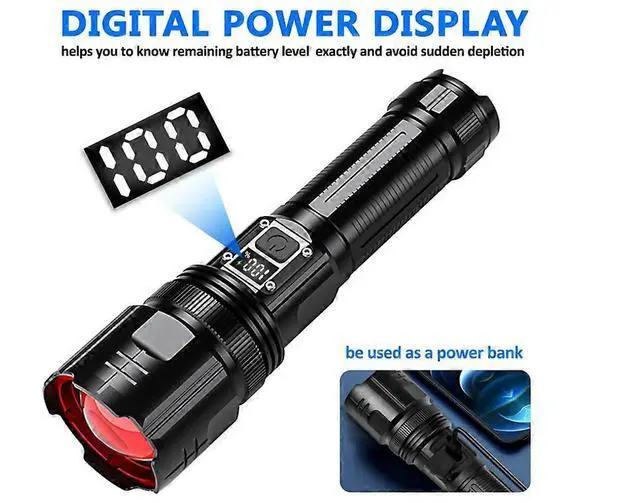 Alt view image 3 of 5 - Ecocleanpath 200,000 Lumens Rechargeable Flashlight with Digital Display, Zoom, 5 Modes & Power Bank - Black