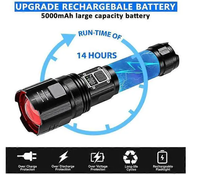 Alt view image 5 of 5 - Ecocleanpath 200,000 Lumens Rechargeable Flashlight with Digital Display, Zoom, 5 Modes & Power Bank - Black