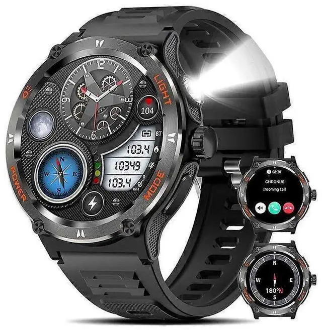 Main image of Ecocleanpath Rugged Tactical Smartwatch for Men, 1.53" LED Flashlight, 3ATM Waterproof, 500mAh, Fitness Tracker & Compass