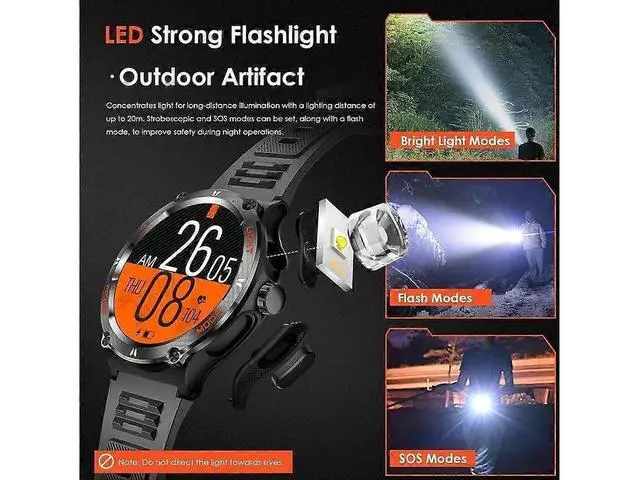 Alt view image 2 of 5 - Ecocleanpath Rugged Tactical Smartwatch for Men, 1.53" LED Flashlight, 3ATM Waterproof, 500mAh, Fitness Tracker & Compass