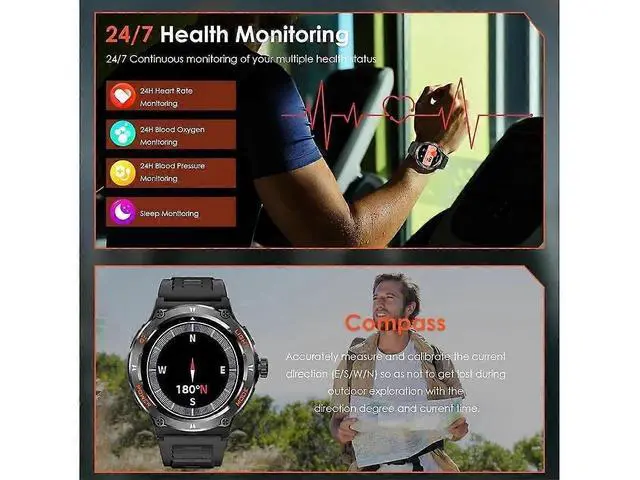 Alt view image 3 of 5 - Ecocleanpath Rugged Tactical Smartwatch for Men, 1.53" LED Flashlight, 3ATM Waterproof, 500mAh, Fitness Tracker & Compass