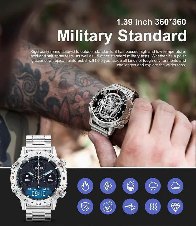 Alt view image 2 of 5 - Ecocleanpath Men's Smart Watch with Bluetooth Calls, 1.39'' HD Touchscreen, 5ATM Waterproof, Blood Pressure & Heart Rate Monitor - Silver