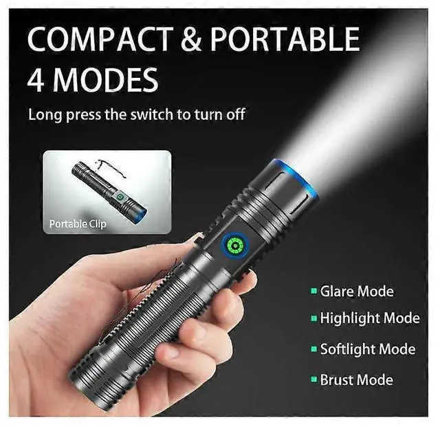 Alt view image 3 of 5 - Ecocleanpath 2000 Lumen Rechargeable Tactical Flashlight with Holster, Zoomable 4 Modes, USB-C Charging, Black
