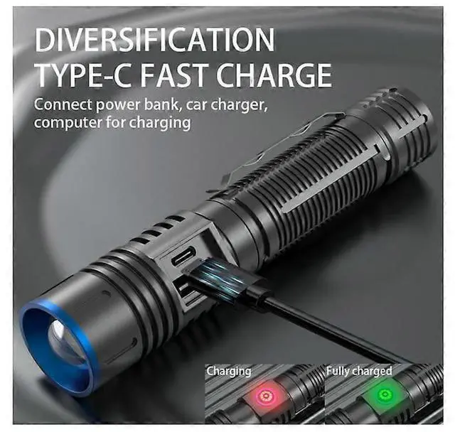 Alt view image 4 of 5 - Ecocleanpath 2000 Lumen Rechargeable Tactical Flashlight with Holster, Zoomable 4 Modes, USB-C Charging, Black