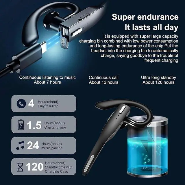 Alt view image 3 of 5 - Bluetooth 5.3 Single Ear Headset with ENC Noise Cancellation & LED Charging Box - Black