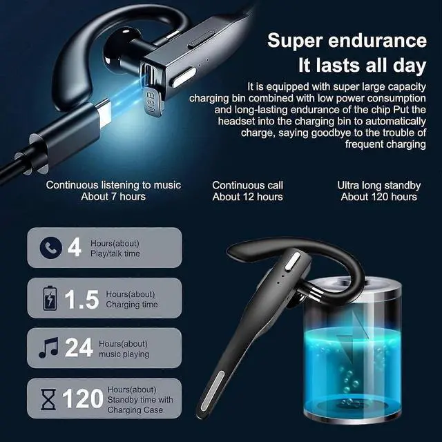 Alt view image 3 of 5 - Bluetooth 5.3 Headset with ENC Noise Cancelling, LED Charging Box & Voice Control - Black