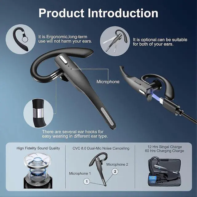 Alt view image 4 of 5 - Bluetooth 5.3 Headset with ENC Noise Cancelling, LED Charging Box & Voice Control - Black