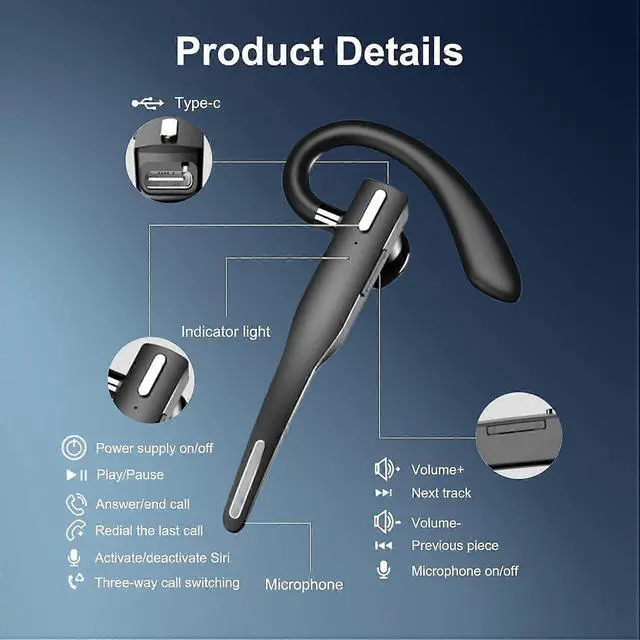 Alt view image 5 of 5 - Bluetooth 5.3 Headset with ENC Noise Cancelling, LED Charging Box & Voice Control - Black