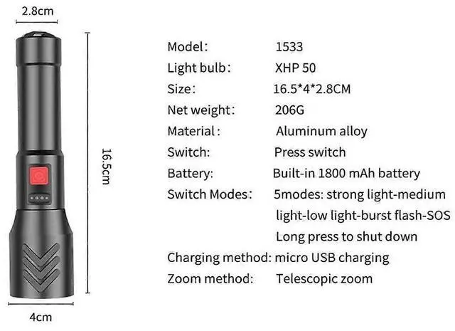 Alt view image 2 of 5 - Ecocleanpath 5-Mode Zoomable Flashlight, High Lumen 500m Beam, Waterproof & Lightweight for Camping (Black)
