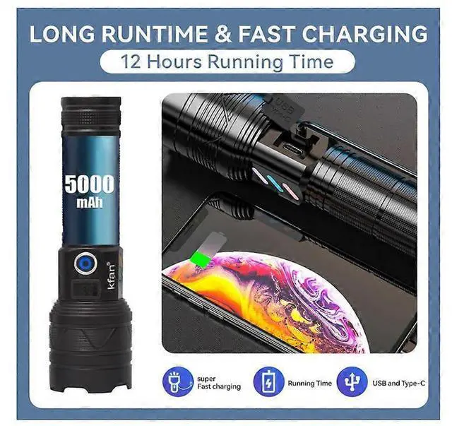 Alt view image 5 of 5 - Ecocleanpath 15000 Lumens Rechargeable LED Flashlight, Zoomable 5 Modes, IPX6 Waterproof, Power Bank, Camping & Hiking (Black)