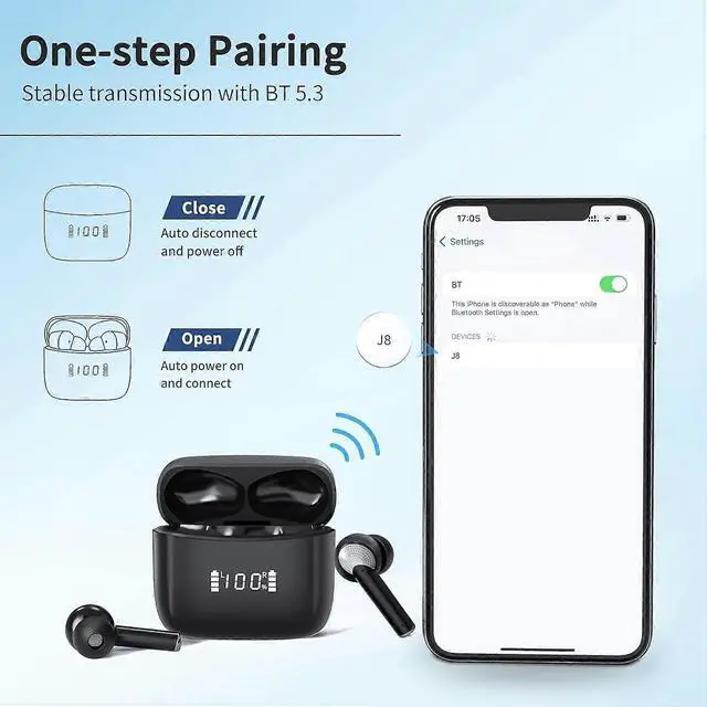 Alt view image 4 of 5 - Wireless Bluetooth Earbuds with Noise Cancelling, IPX7 Waterproof, 50H Playback & Digital Display (White)