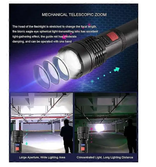 Alt view image 4 of 5 - Ecocleanpath 6000 Lumens LED Tactical Flashlight, USB Fast Charge, Zoomable & Waterproof, 6 Modes (Black)