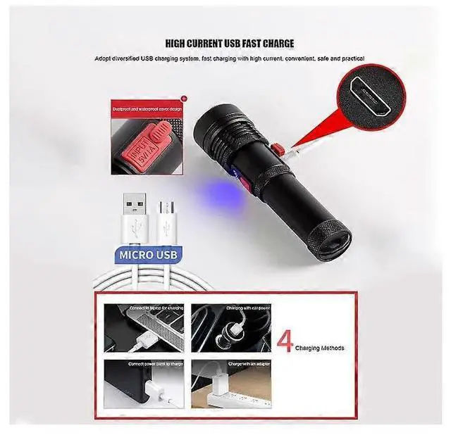 Alt view image 5 of 5 - Ecocleanpath 6000 Lumens LED Tactical Flashlight, USB Fast Charge, Zoomable & Waterproof, 6 Modes (Black)